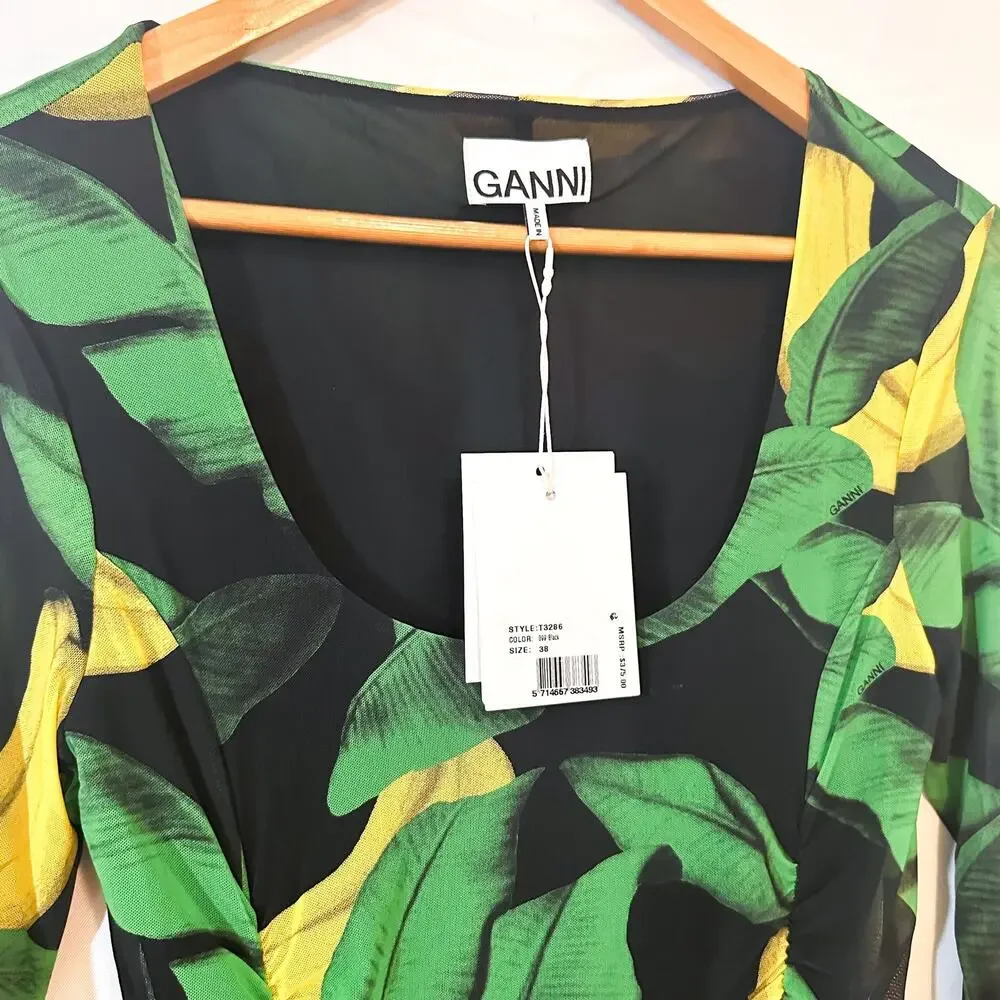 NWT GANNI Ruched Tropical Print Stretch-Mesh Midi Dress Sz. 8 - Picture 4 of 6
